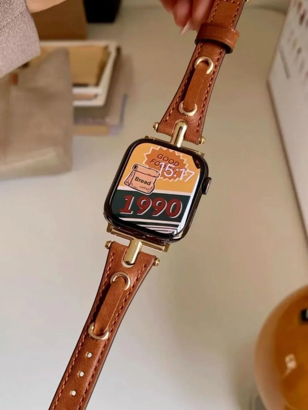Stylish Brown & Black Leather Apple Watch Band, Gold & Silver Slim Wristband